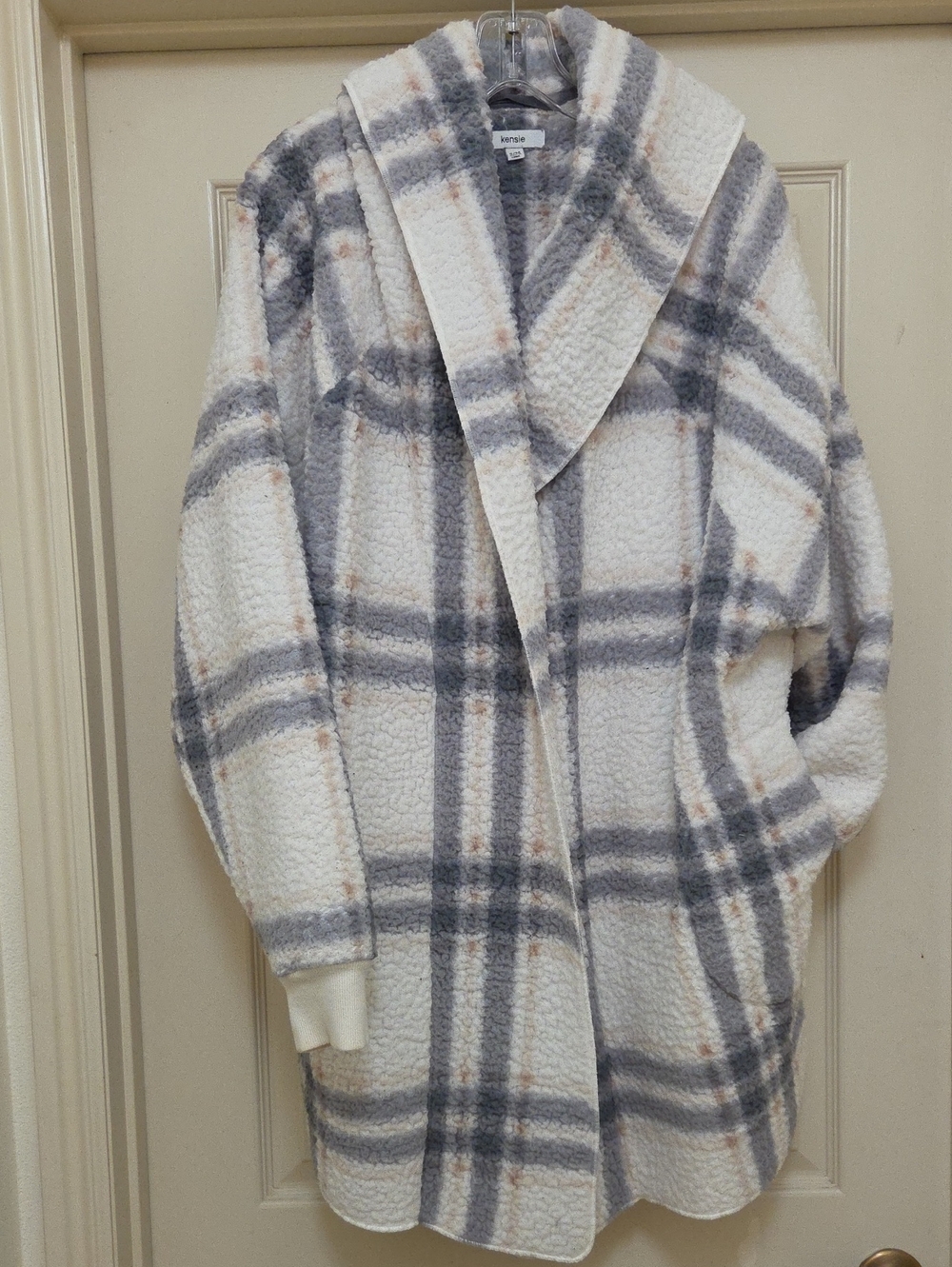 Kensie Cream, Gray & Tan Plaid Sherpa Hooded BED Sweater